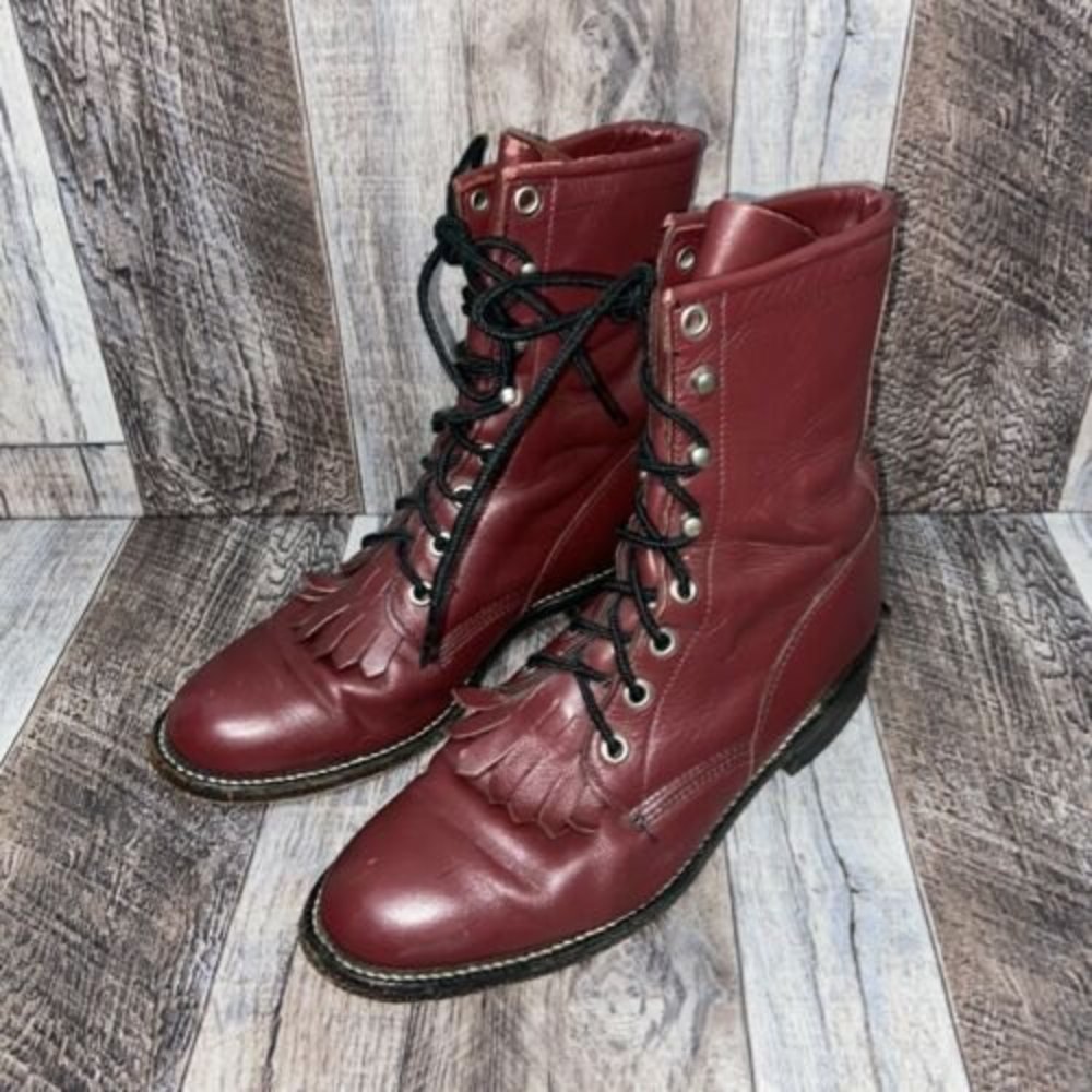 Vintage Justin Red Leather Kiltie Lace Up Boots